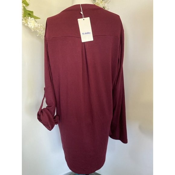 Siddhe Tunic Top Button Front V Neck 3/4 Rolled Long Sleeve Zip Burgundy 2XL NWT - Picture 14 of 16